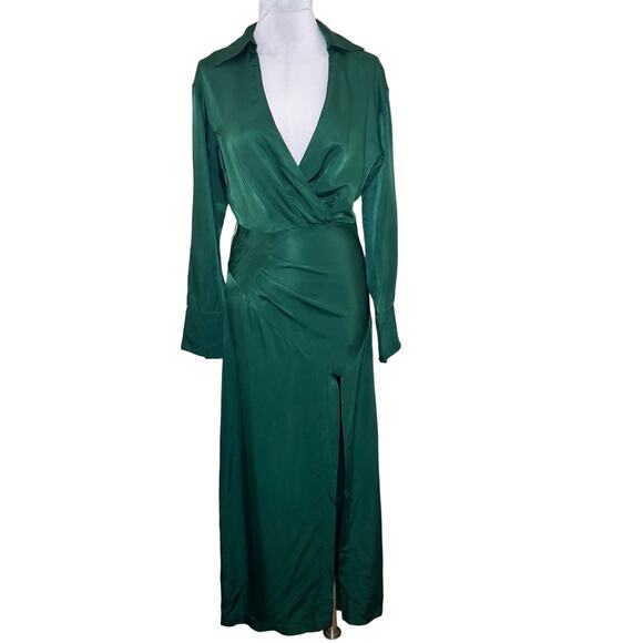 Nicholas Electra Satin Gown 4 Green Long Sleeve Maxi V-Neck A-Line Cocktail Slit - Picture 2 of 15